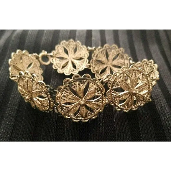 Vintage Floral Filigree Silver Color Link Bracelet 7 1/4" - Picture 2 of 4